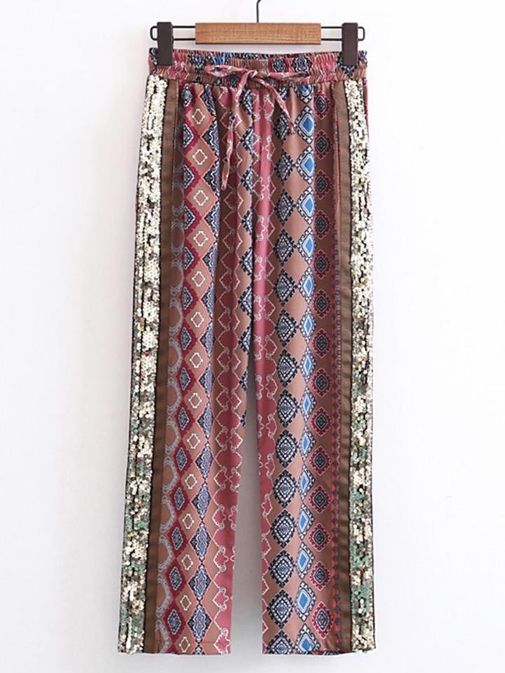 Shein Drawstring Waist Sequin Detail Wide Leg Pants