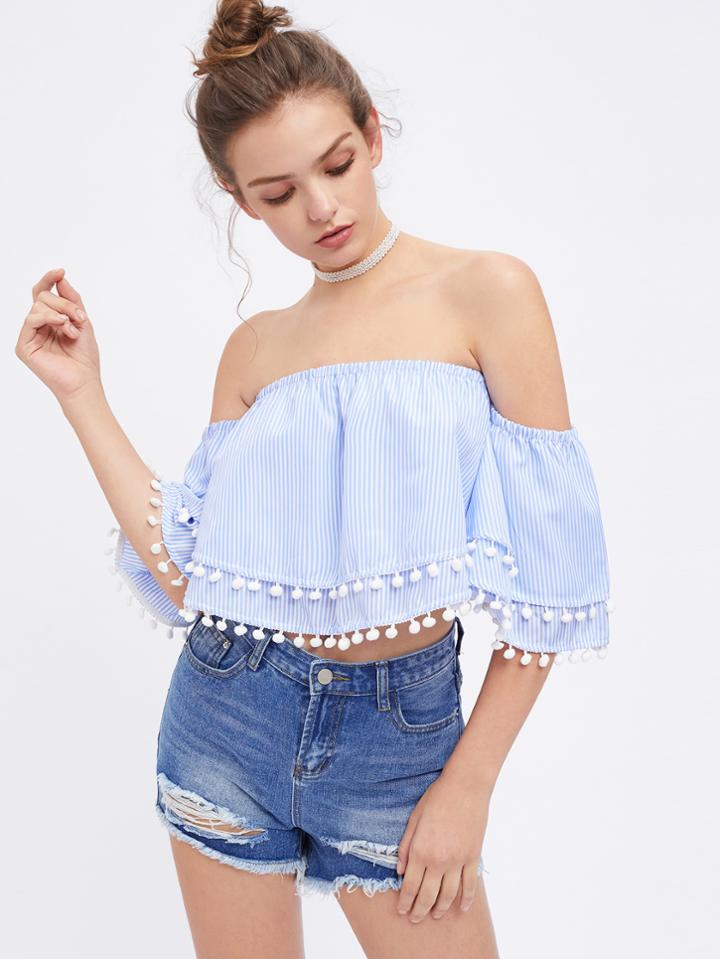 Shein Bardot Vertical Striped Pom Pom Trim Layered Top
