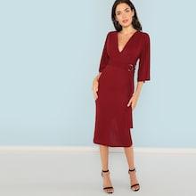 Shein Deep V Neck Waist Belted Solid Dress