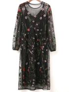 Shein Black Floral Embroidery Sheer Mesh Dress With Slip Dress