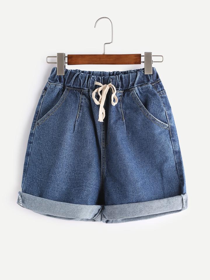 Shein Drawstring Waist Roll Hem Ripped Pocket Shorts