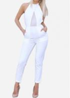 Rosewe Mesh Patchwork White Zipper Closure Jumpsuit