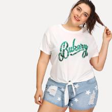 Shein Plus Sequin Letter Patched Knot Hem T-shirt