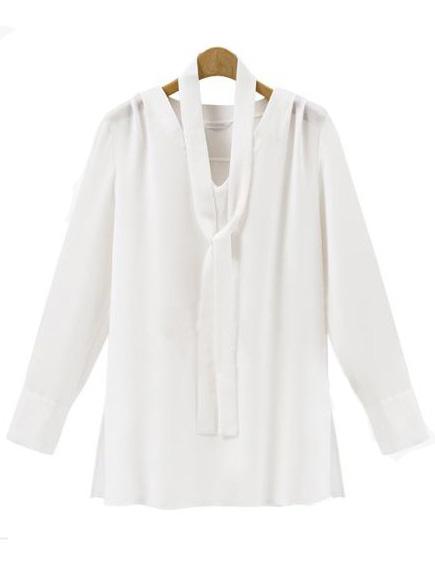 Shein V Neck Split Side Chiffon White Shirt With Tie
