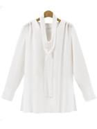 Shein V Neck Split Side Chiffon White Shirt With Tie
