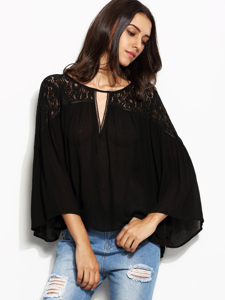Shein Black Lace Insert Cutout Keyhole Back Blouse