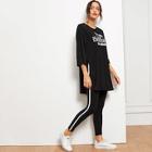 Shein Letter Print Split Top And Striped Leggings Set