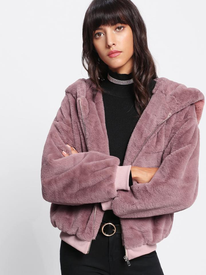 Shein Faux Fur Dop Shoulder Hoodie