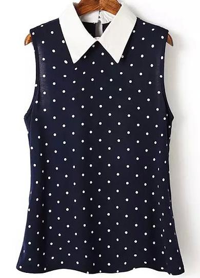 Shein Navy Contrast Collar Polka Dot Split Polkadots Blouse
