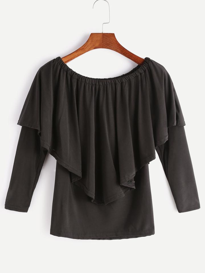 Shein Black Boat Neck Ruffle Layered T-shirt
