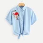 Shein Flower Embroidery Rolled Cuff Knot Shirt
