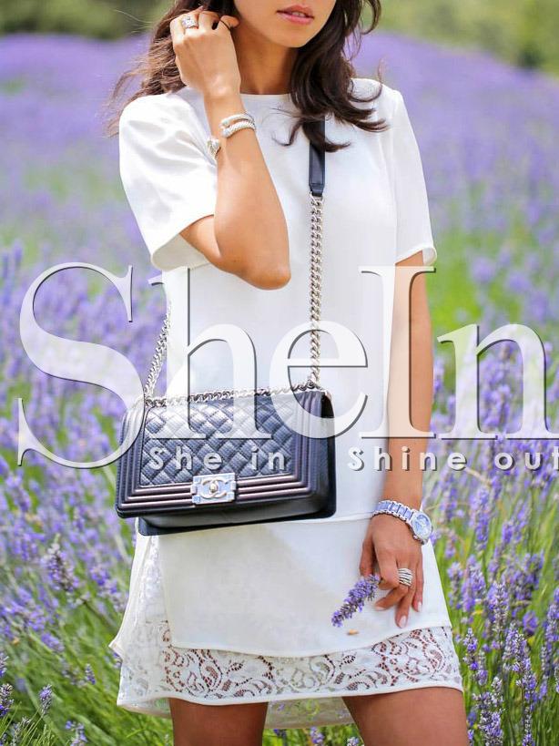 Shein Beige Round Neck Side Slit Lace Hem Dress