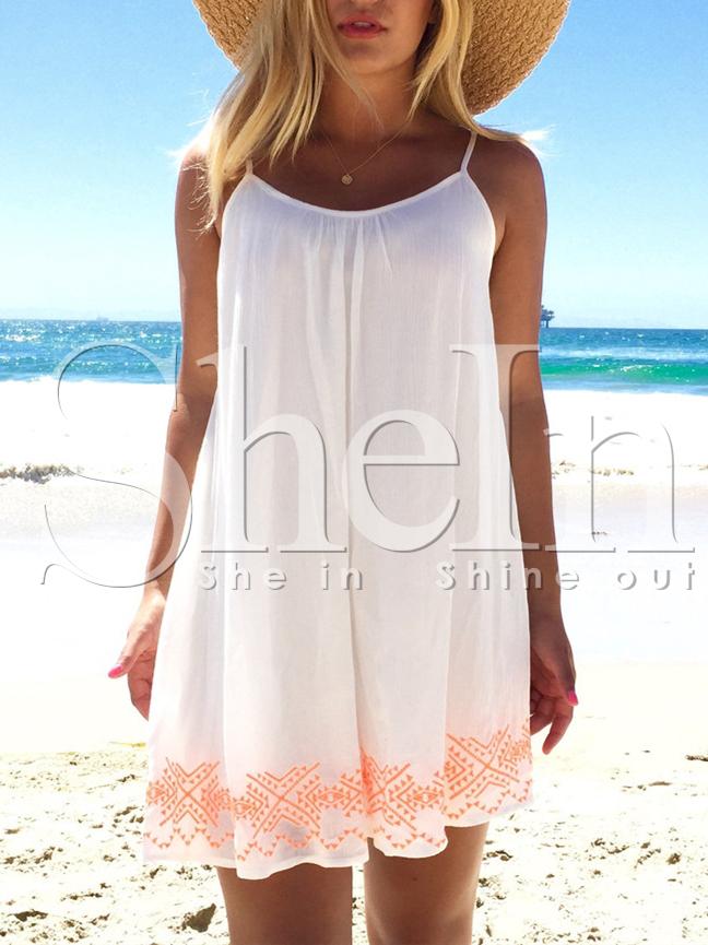 Shein White Spaghetti Strap Backless Vintage Print Babydoll Dress
