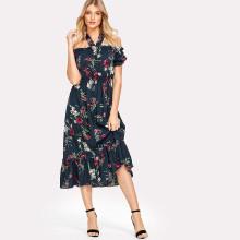 Shein Halter Neck Shirred Waist Floral Dress