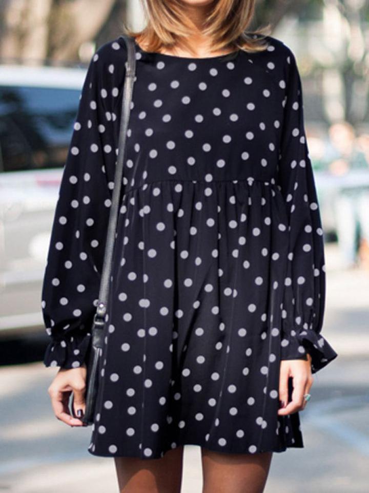 Shein Black Round Neck Polka Dot Loose Dress