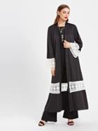 Shein Contrast Embroidered Mesh Trim Self Tie Longline Abaya