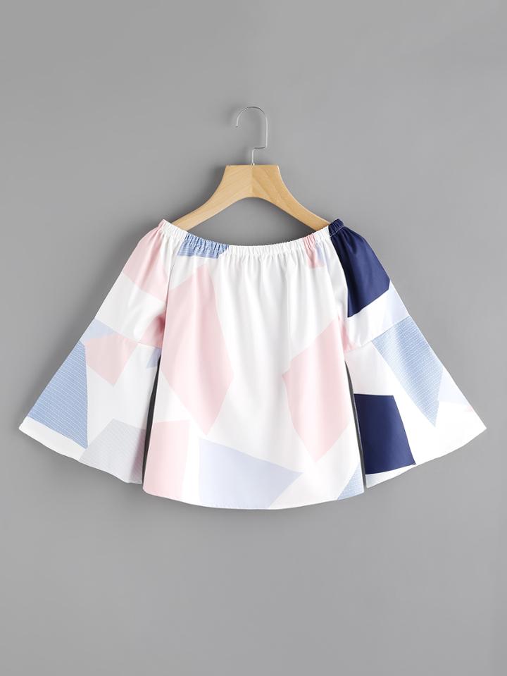 Shein Random Geo Print Boat Neckline Flute Sleeve Top