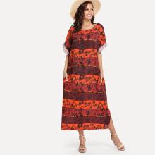 Shein Block Stripe Roll Up Sleeve Longline Dress