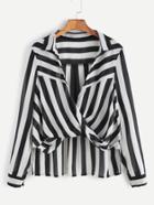 Shein Black And White Striped Drape Front High Low Blouse