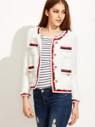 Shein White Striped Trim Frayed Tweed Jacket