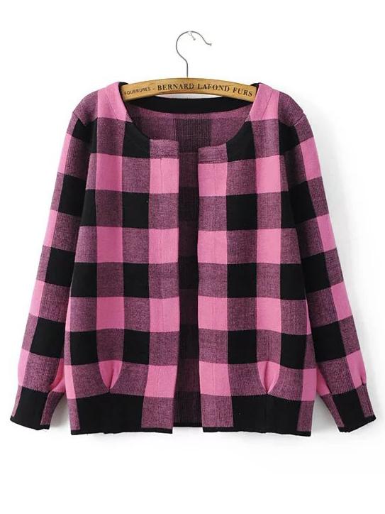 Shein Hot Pink And Black Checkered Open Front Cardigan