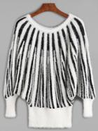 Shein Contrast Vertical Striped Batwing Sleeve Fuzzy Sweater