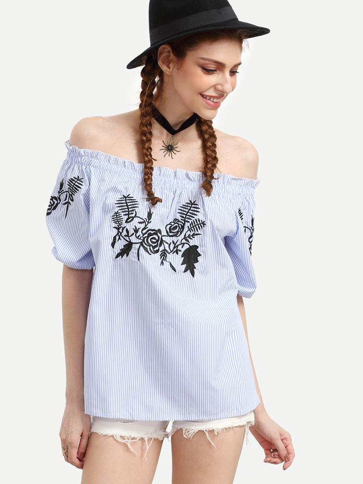 Shein Blue Vertical Striped Embroidered Off The Shoulder Blouse
