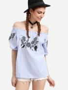 Shein Blue Vertical Striped Embroidered Off The Shoulder Blouse