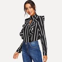 Shein Ruffle Trim Keyhole Back Striped Top