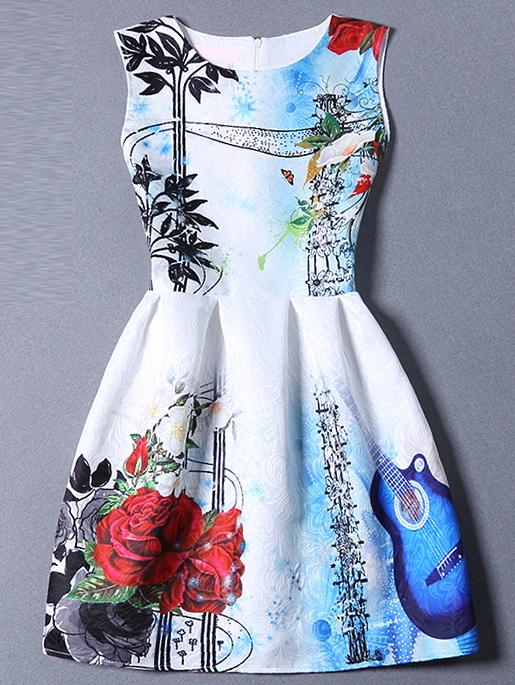 Shein Multicolor Sleeveless Guitar Print Flare Dress