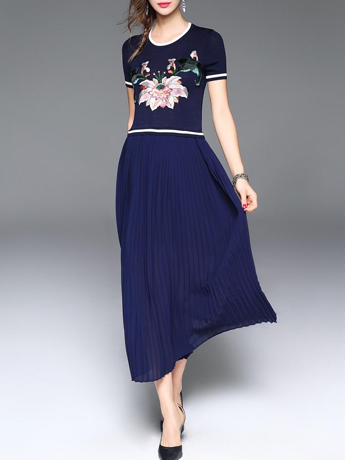 Shein Navy Flowers Embroidered Pleated A-line Dress