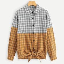 Shein Color-block Tartan Plaid Knot Front Shirt
