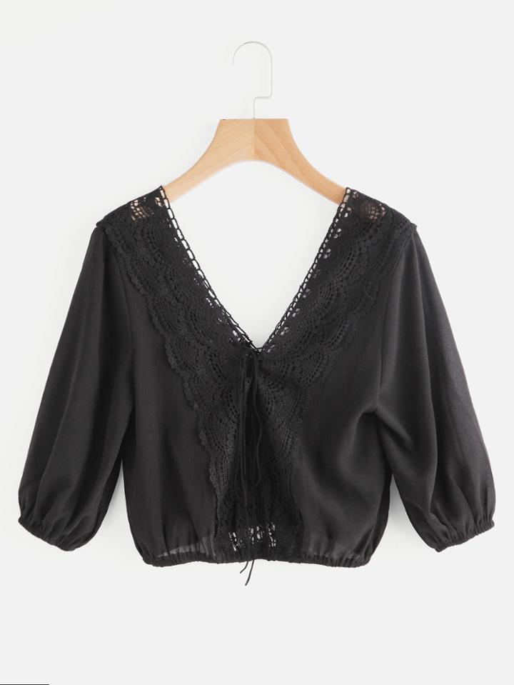 Shein Double V Neckline Lace Trim Top