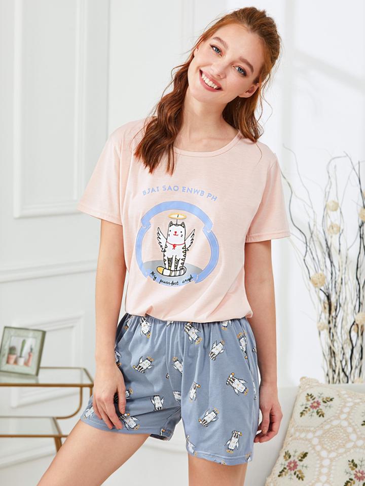 Shein Cat Print Tee & Shorts Pj Set