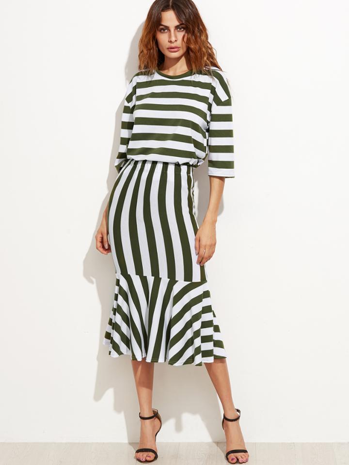 Shein Striped Drop Shoulder Seam Top With Mermaid Skirt