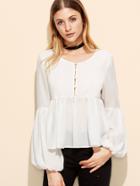 Shein White Button Front Lantern Sleeve Babydoll Top