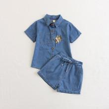 Shein Girls Tiger Embroidery Denim Blouse With Shorts