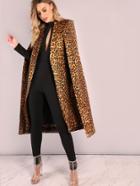 Shein Brown Leopard Collarless Open Front Cape Coat