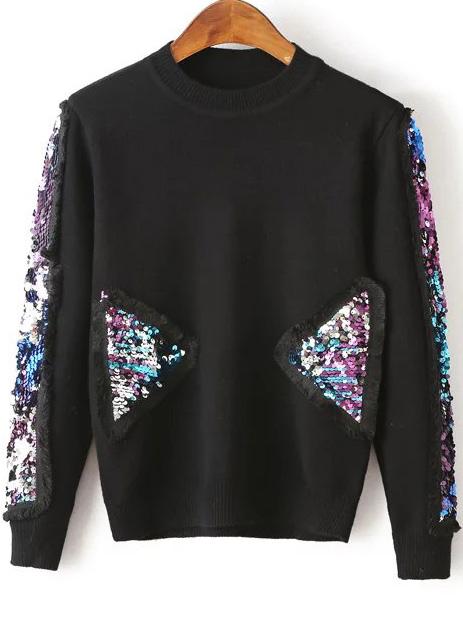Shein Black Sequin Detail Crew Neck Sweater