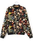 Shein Black Floral Print Ribbed Trim Jacket