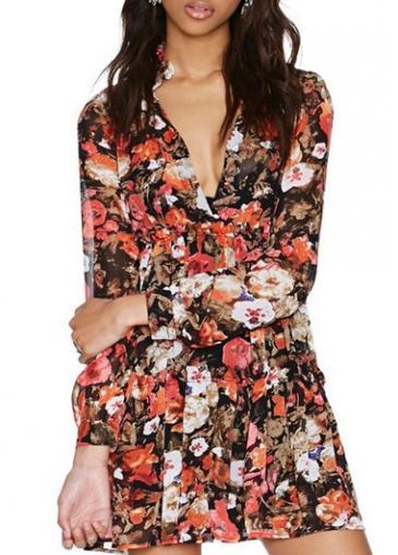 Rosewe Vintage Print V Neck Chiffon A Line Dress
