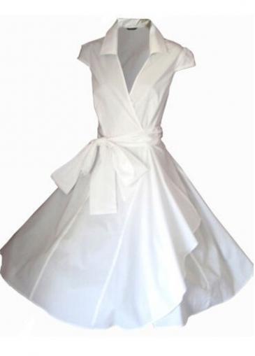 Rosewe Cap Sleeve Turndown Neck Belted Skater Dress
