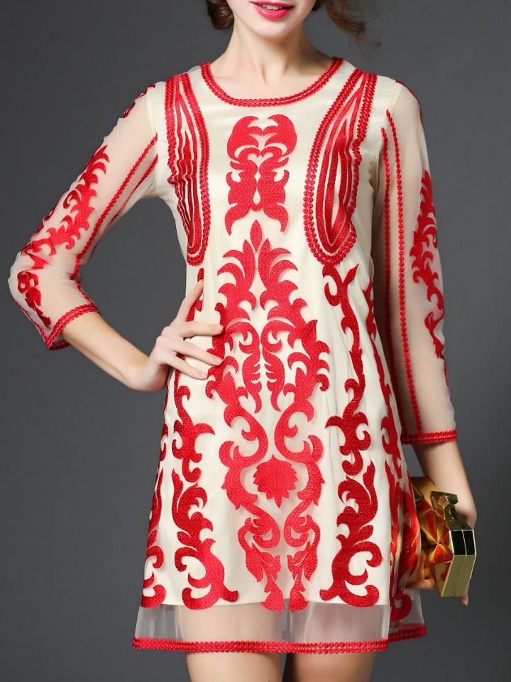 Shein Nude Sheer Gauze Disc Flowers Shift Dress