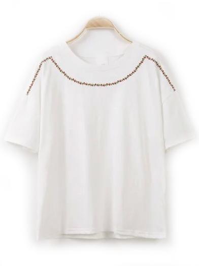 Shein White Crew Neck Embroidered Loose T-shirt