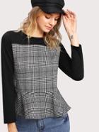 Shein Contrast Panel Glen Plaid Pep Hem Blouse