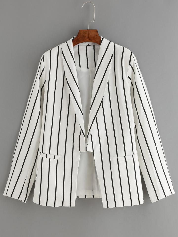 Shein White Vertical Stripe Pockets Blazer