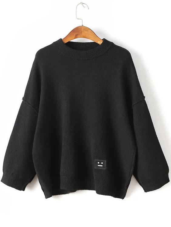 Shein Black Face Patch Drop Shoulder Sweater