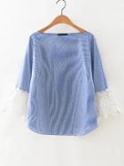 Shein Blue Vertical Striped Boat Neck Crochet Cuff Blouse