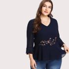 Shein Plus Flounce Sleeve Embroidery Front Peplum Blouse