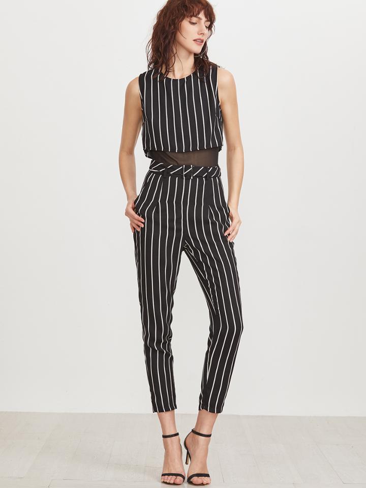 Shein Black Striped Mesh Lined Split Back Tailored Jumpsuit With Belt
